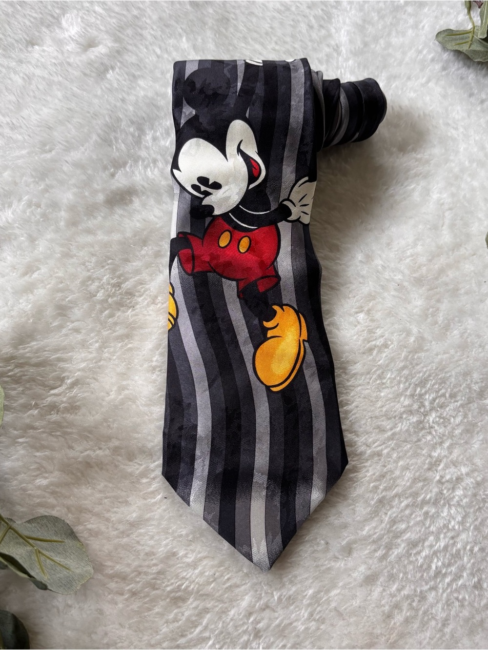 Vintage Silk Mickey Black and Gray Striped Tie with Red & Yellow Mickey Design